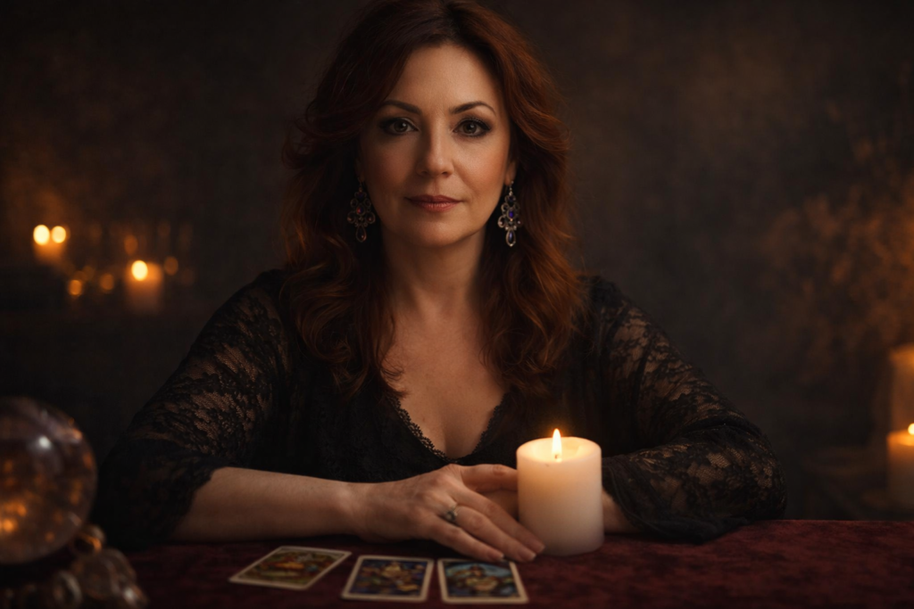 Tarotista Coral realizando lectura de tarot con vela en ambiente místico y espiritual