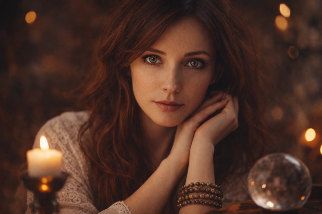 Tarotista Esmeralda realizando lectura de tarot con vela y bola de cristal en ambiente espiritual