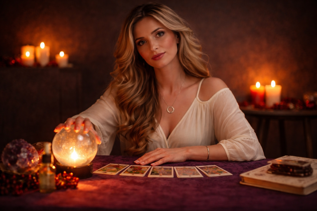Tarotista Silvia realizando lectura de tarot con bola de cristal y velas en ambiente místico
